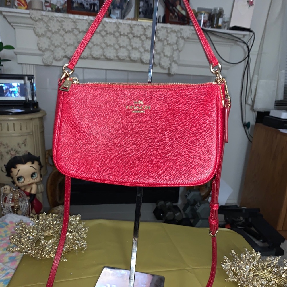 Authentic Coach F25591 Red Leather Top Handle Pouch Crossbody Bag Purse